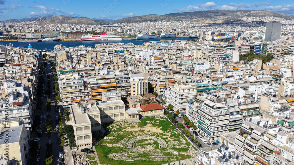 Fototapeta premium Aerial drone photo of archaeological museum of Piraeus and ancient theatre in small marina of Zea, Piraeus, Attica, Greece
