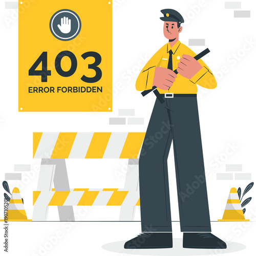 Security guard standing in front of a barricade with a 403 error sign indicating access restriction