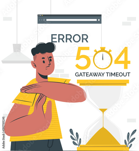 A man waiting anxiously beside an hourglass with a 504 Gateway Timeout error message displayed on a computer screen