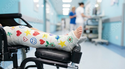 Detailed close-up of a young child’s plaster cast decorated with colorful marker drawings, resting on a wheelchair leg support. Softly blurred pediatric hospital hallway in the background.
