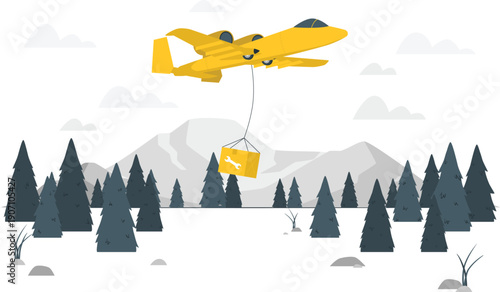 A yellow plane flies over snowy mountains and trees, dropping a yellow container from its underside