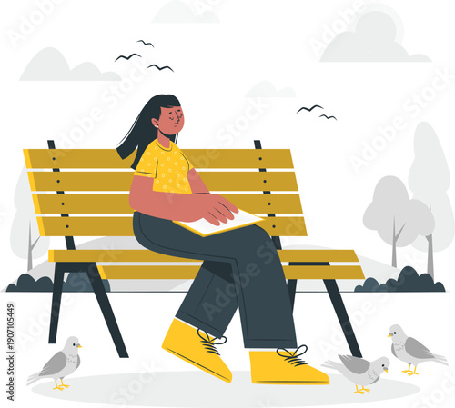 Woman sitting on a park bench, reading a book surrounded by birds in a serene outdoor environment