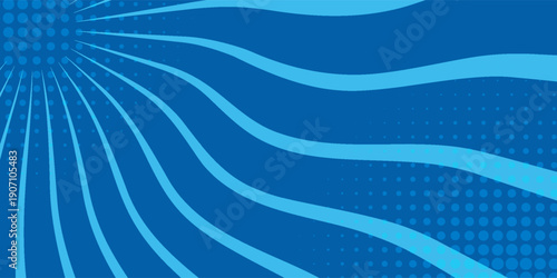 Comic background. Pop art texture. Starburst cartoon style. Anime design with explosion effect for print. Fun dot pattern. Blue backdrop with halftone gradient.