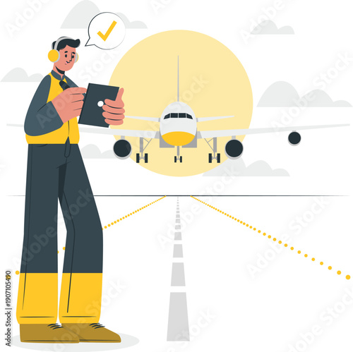 Airline staff inspecting aircraft on runway with checklist in hand during daytime