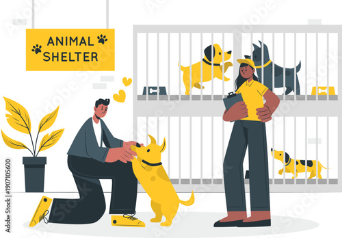 Man kneeling with dog at animal shelter, woman standing nearby, dogs in cages, illustration