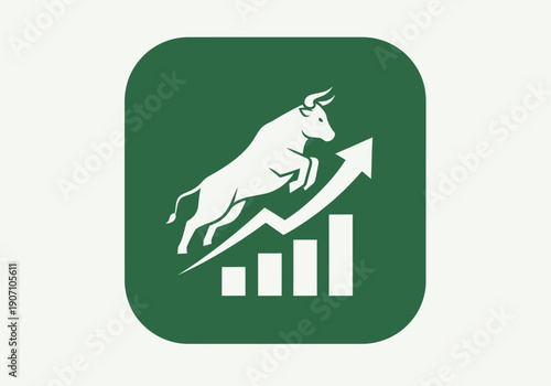 Simple flat vector app icon of bull market symbol, solid bull silhouette with upward chart arrow