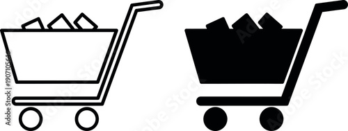 Shopping cart filled with cubes outline and solid trolley