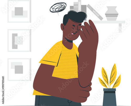 Man experiencing stress at home, surrounded by modern decor and plants, reacting to an overwhelming situation indoors