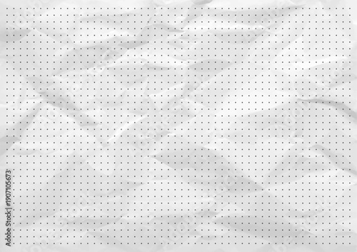 Square grid with dots on crumpled paper texture. Realistic empty blueprint grid with dots on crumpled paper background. Graph texture on horizontal wrinkled white sheet. Vector.