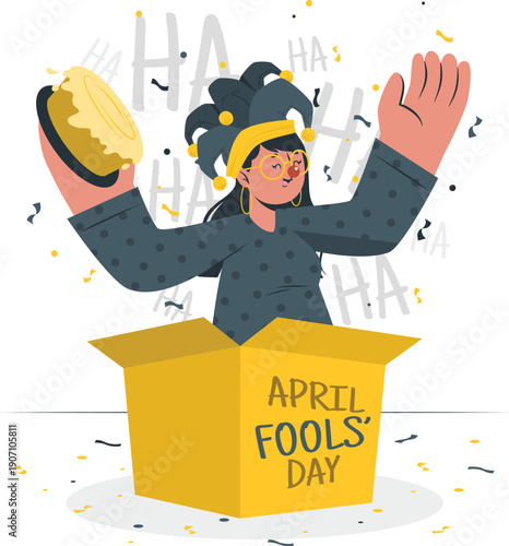 A joyful woman emerges from a box celebrating April Fools' Day surrounded by confetti