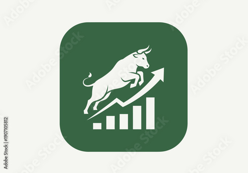 Simple flat vector app icon of bull market symbol, solid bull silhouette with upward chart arrow