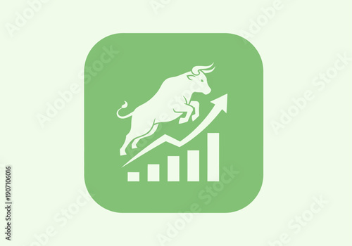 Simple flat vector app icon of bull market symbol, solid bull silhouette with upward chart arrow