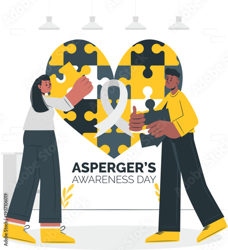 Two people coming together, forming a heart shape with puzzle pieces to represent unity and awareness for Asperger's Day