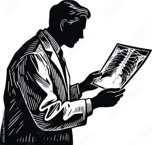 Medical Researcher Examining X-Ray Silhouette Diagnostic Healthcare Black White Vector