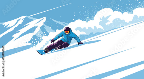 Dynamic winter games snowboard action captured in a thrilling illustration of a snowboarder navigating a snowy mountain slope.