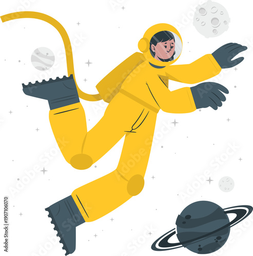 Astronaut floating in space surrounded by planets and stars in a vibrant illustration