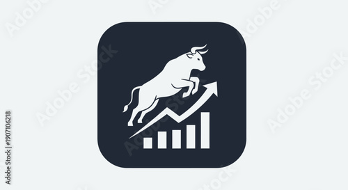 Simple flat vector app icon of bull market symbol, solid bull silhouette with upward chart arrow