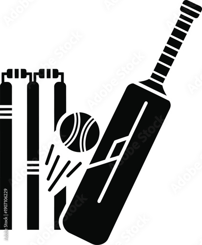 Cricket bat and ball with wickets in dynamic motion