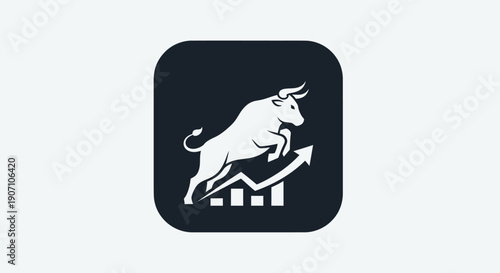 Simple flat vector app icon of bull market symbol, solid bull silhouette with upward chart arrow
