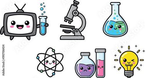 Cute Science Laboratory Icon Collection with Microscope Flask and Atom Flat Cartoon Vector Illustration Isolated on White Background