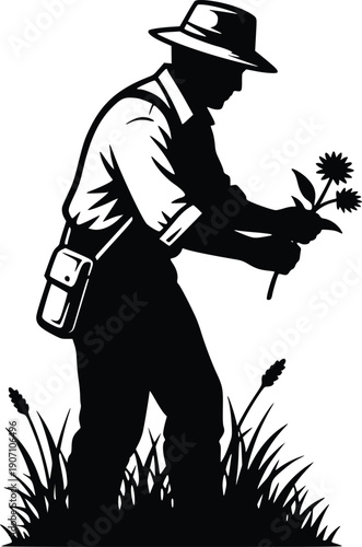 Biologist Plant Sampling Silhouette Environmental Science Research Black White Vector