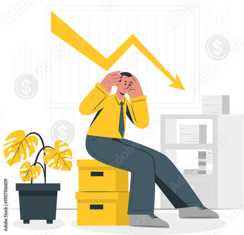 A man in a yellow shirt sitting on boxes, reacting to a downward financial trend graph