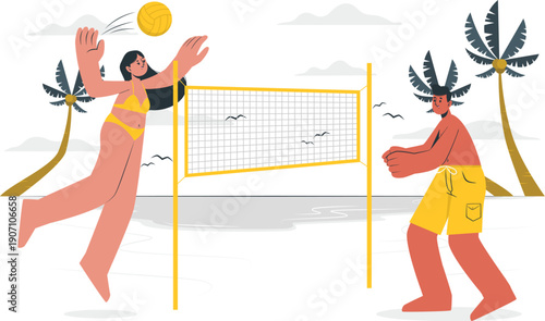 Two athletes playing volleyball on a sunny beach with palm trees and a clear sky