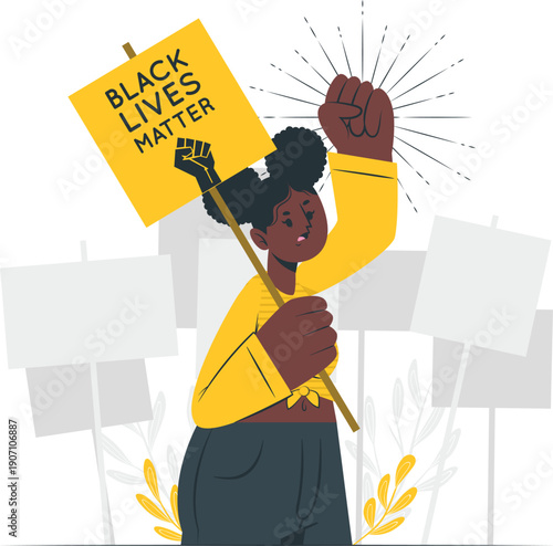 Woman holding Black Lives Matter sign during protest march with raised fist and crowd of demonstrators in background