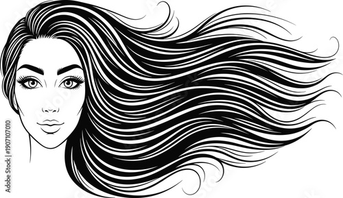 Vector, Illustration, of, Beautiful, Woman, with, Long, Wavy, Hair, for, Beauty, Salon, Identity, Branding, Fashion, and, Professional, Design, Projects, Collection