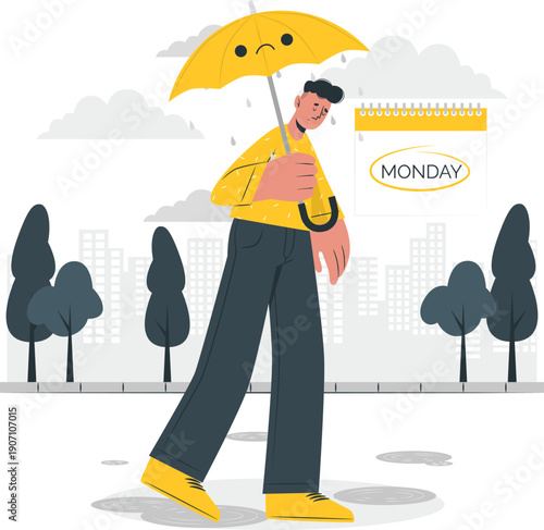Man walking alone on a rainy Monday morning in the city with an umbrella