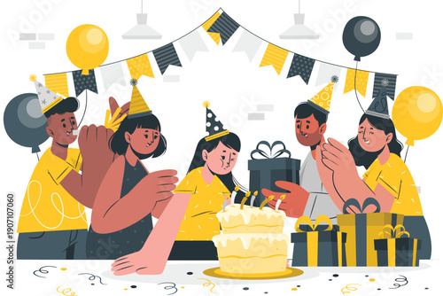 Group of friends celebrating a birthday party together with cake and gifts indoors