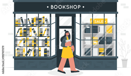 A woman browsing books outside a bookstore with a sale sign in the window