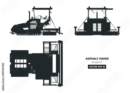 Asphalt paver drawing. Side, top and front views. Industrial road machine silhouette. Urban building vehicle template. Isolated roadwork equipment