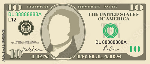 Us banknote. Ten dollars bill. Money cash