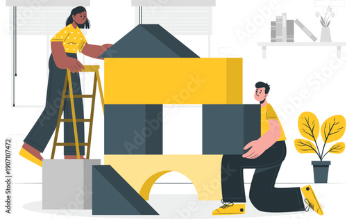 Two workers constructing a large architectural model on a table in a bright office environment from a slightly elevated viewpoint