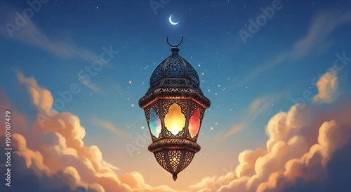 Intricate Islamic Lantern with Colorful Glowing Panels and Crescent Moon in a Dreamy Cloudy Sky, Ramadan Celebration and Islamic Culture Concept, Digital Art