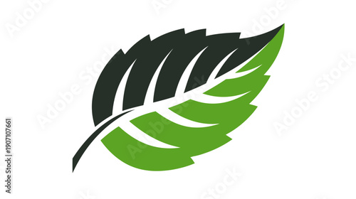 A stylized leaf design, split into dark and light green halves. The leaf is set against a white background