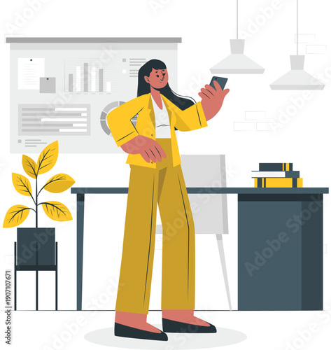 A woman in yellow business attire standing in a modern office space taking a selfie with her smartphone.