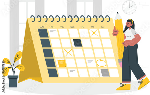 Woman organizing her schedule on a large calendar at home office desk with a pencil in hand