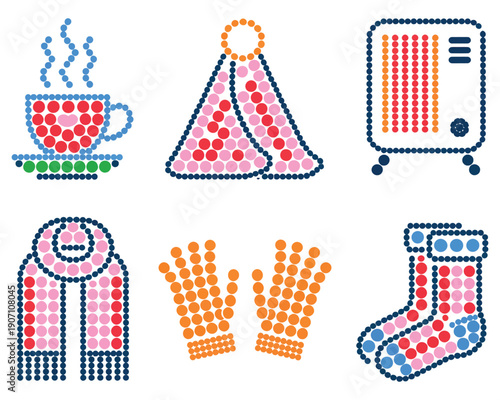 Collection of winter and home comfort items including a cup of tea hat heater scarf gloves and sock all made from colorful dots