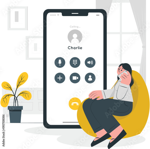 A woman sits comfortably on a yellow bean bag chair, engrossed in a video call on her large smartphone in a bright living room setting