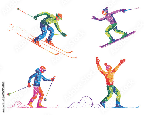 Four colorful abstract skiers and snowboarders made of dots illustrating various winter sports and dynamic action on a transparent background