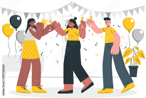 Three friends celebrating a special occasion together with confetti and balloons in a festive indoor setting