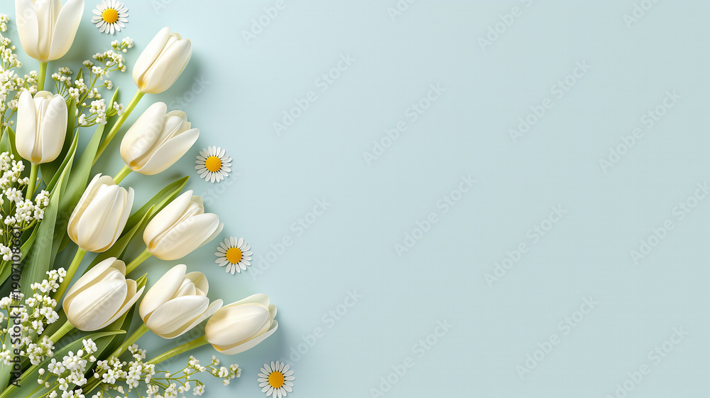 Fototapeta premium 水色の背景に並ぶ白いチューリップとデイジーの花のフラットレイ