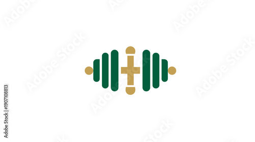 A barbell design with a gold cross in the center, flanked by green bars. Dots on each side
