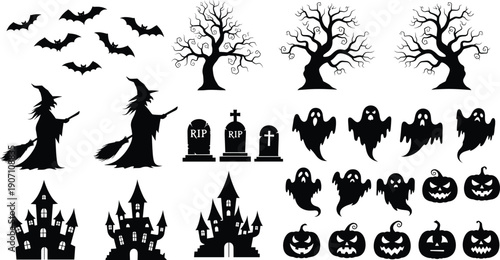 Halloween silhouette set with witches ghosts pumpkins bats trees castles and graveyard spooky black vector illustration