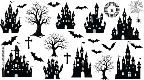 Halloween haunted castle silhouette set with bats trees crosses and spider webs spooky black vector illustration