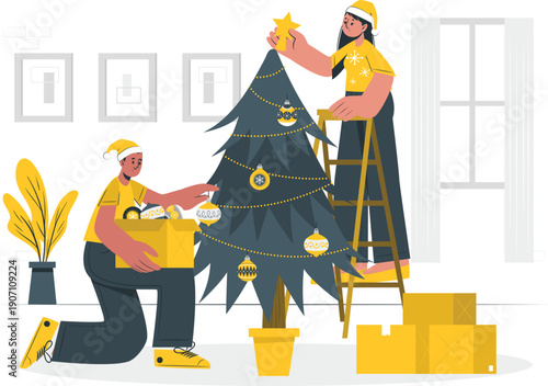 Family decorating Christmas tree together indoors with ornaments and lights in a cozy living room atmosphere from a high viewpoint