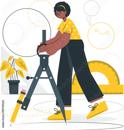 A person creating an illustration on a large drawing board with a pencil and ruler, surrounded by creative elements