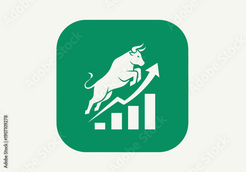 Simple flat vector app icon of bull market symbol, solid bull silhouette with upward chart arrow